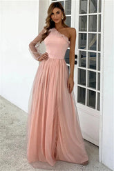 Glorious One Shoulder Pink Evening Dress Long Sleeves A-Line